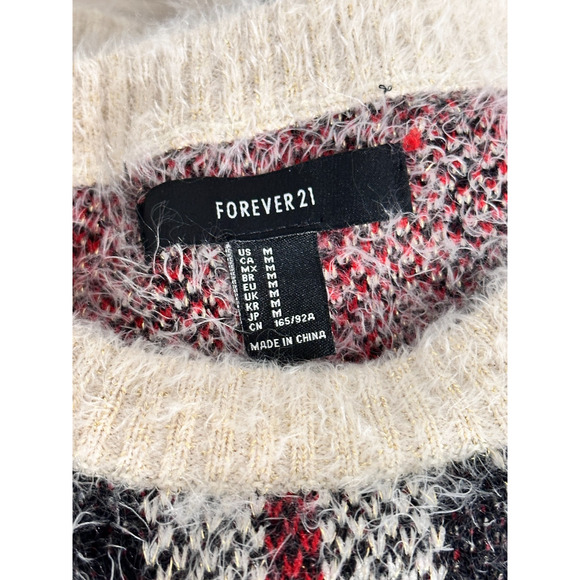 Forever 21 Red Black Cream Plaid Crew Neck Fuzzy Eyelash Sweater Medium Holiday - Picture 6 of 6